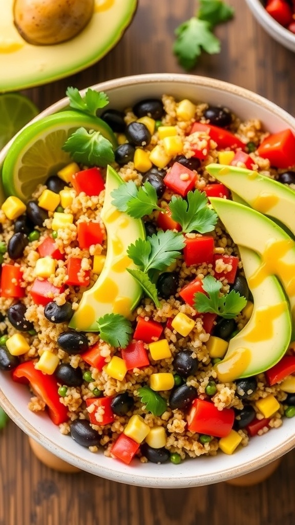Spicy Quinoa Mexican Salad Recipe A vibrant quinoa Mexican salad with bell peppers, black beans, corn, and avocado on a rustic table.
